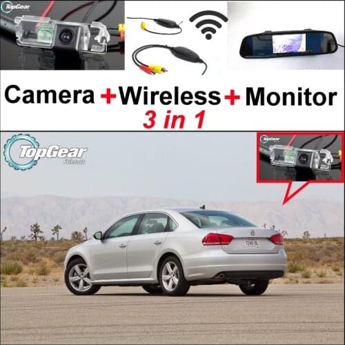 3 in1 Special Rear View Camera + Wireless Receiver + Mirror Monitor Easy DIY Parking System For Volkswagen VW Passat B6 B7