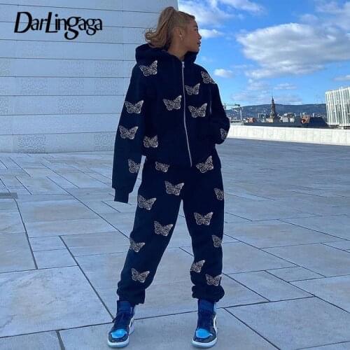 Darlingaga Streetwear Rhinestone Autumn Winter Tracksuit Women Oversized Hoodie and Pants Two Piece Set Women Loungewear Outfits