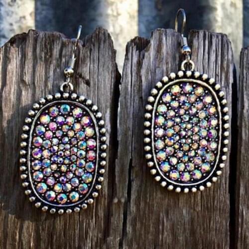 Vintage Stars Earring Micro Pave Rainbow Full Colorful Stone Earrings Antique Silver Color Large Oval Dangle Earring for Women