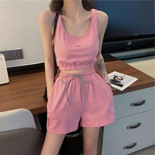 Women Tracksuits 2pcs Vest Crop Tops + High Waist Shorts 2021 New Fashion Sports Suit Yoga Gym Running Outfits S-XL