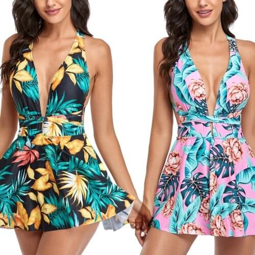 Women Sexy One-Piece Swimdress V-Neck Crisscross Backless Floral Print Swimsuit 24BD