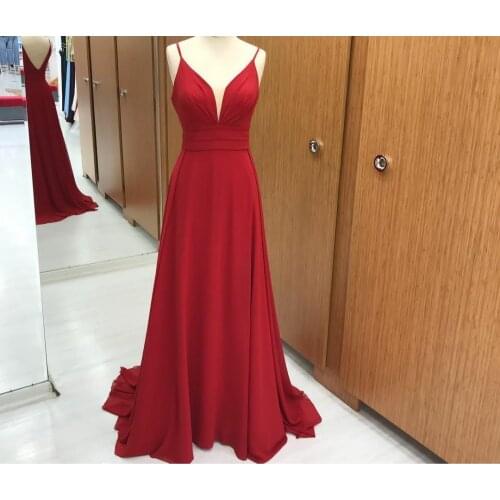 Sexy Red Long V-Neck Chiffon Bridesmaid Dresses with Pockets Spaghetti Floor Length Lace Up Back Robes de Soirée for Women