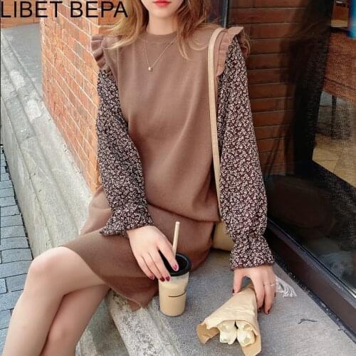 2020 New Women Autumn Winter Dresses Korean Floral Patchwork knitted Split Elegant Vintage Wild Oversize Lady Dress DR1144JX