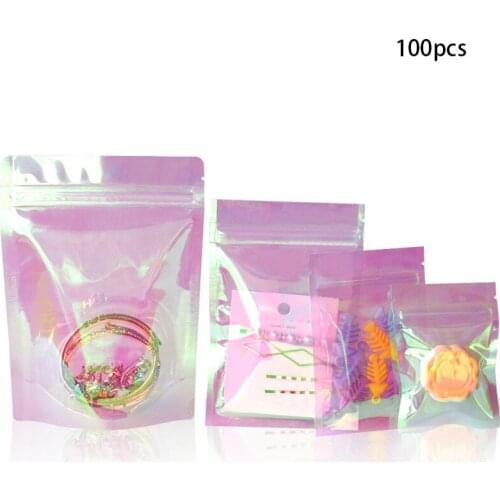 100pcs 4 Sizes Translucent Ziplock Bag Candy Snack Biscuits Jewelry Cosmetics Gift Packaging Bag Holographic Rainbow Colors
