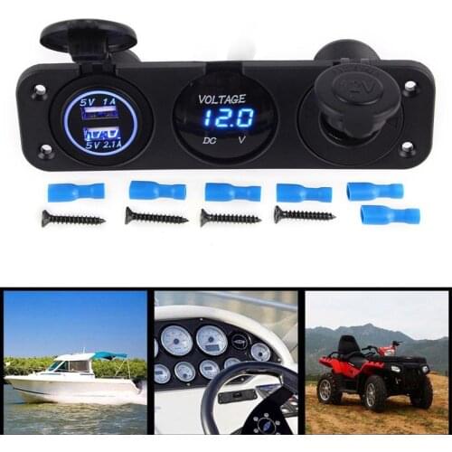 12V Dual Port USB Charger Socket Car Boat Blue LED Voltmeter 3 Hole Panel Outlet