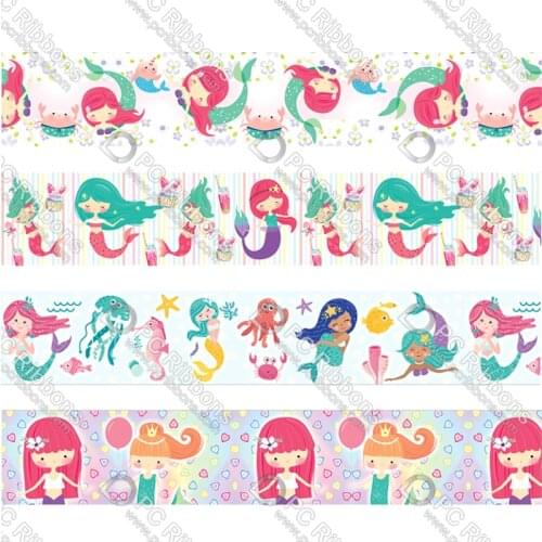 7/8"-3"（22-75mm）Cartoon Mermaid Printed Grosgrain Ribbon 50 Yards Christmas Decorations Gift Wrapping Diy Bows