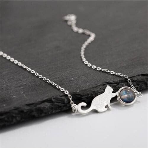 925 Sterling Silver Moonstone Cat Charm Bracelet &Bangle For Women Girls Wedding Party Jewelry SL061