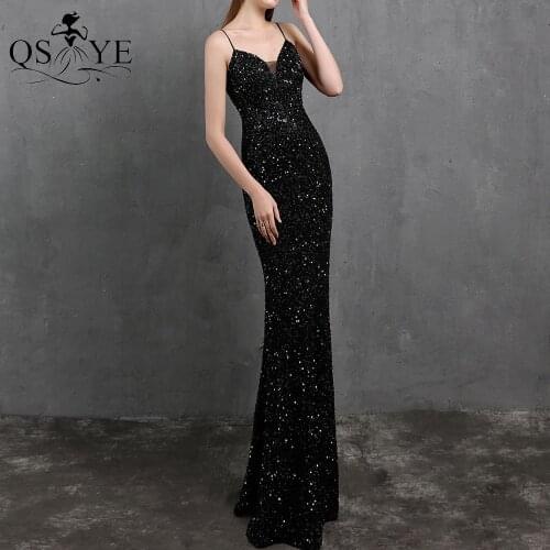 Sparkle Black Evening Dresses Sequin Fitted Mermaid Evening Gown Glitter Shiny Black Party Dress Shoulder Straps Formal Gown New