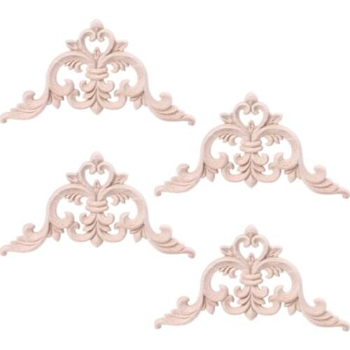 4pcs Wood Carved Unpainted Floral Onlay Applique Window Corner Furniture Cabinet Wooden Decal Home Decoration