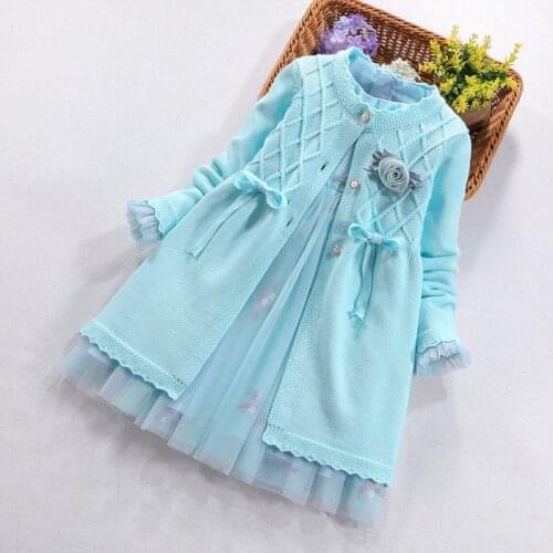 Kids Girls Clothing Set Autumn Winter Baby flower Long Sleeve Cotton coat +Mesh Dress 2Pcs suits for girl princess Party Clothes