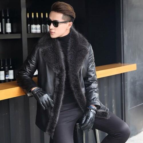 Leather Jackets Sheepskin Men Natural Wool Fur Liner Long Coat Winter Warm Raccoon Fur Collar Leather Parka Jackets
