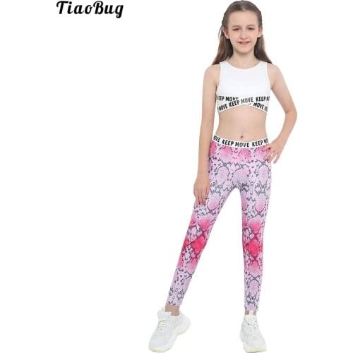 Summer 2Pcs Kids Girls Sport Suit Round Neck Sleeveless Letters Print Crop Top High Waist Wide Elastic Waistband Pants Trousers
