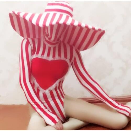 Model showsinger stage Night club bar gogo masked costume theme show big red striped love big hat suit