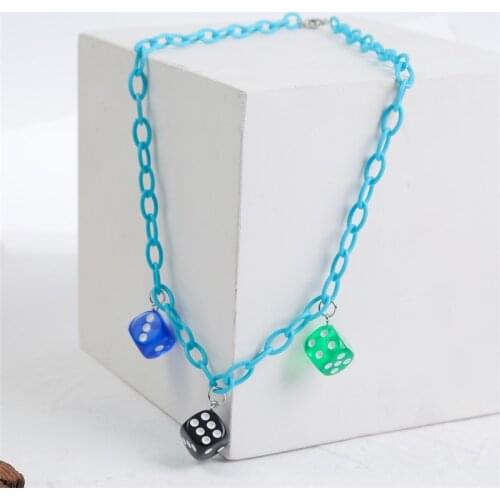 Punk Style Fashion Female Black Blue Green Resin Dice Pendants Necklaces For Women Blue Acrylic Link Chain Necklace Jewelry