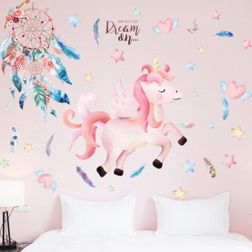 Cartoon Unicorn Animal Wall Stickers DIY Pink Feathers Wall Decals for Kids Rooms Baby Bedroom Children Nursery Home Decoration