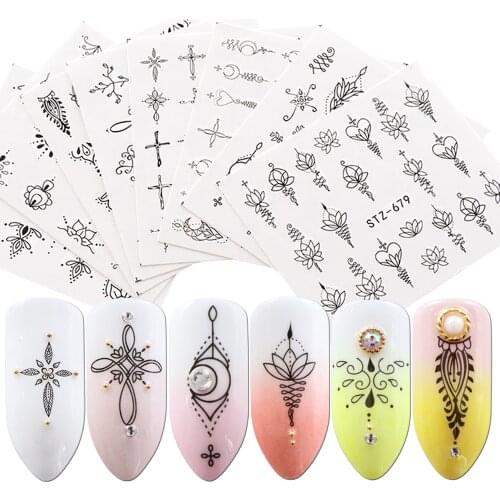 8pcs Black Nail Stickers Water Decals Retro Flower Necklace Moon Slider for Nail Art Decoration Wraps Tips Manicure JISTZ675-682