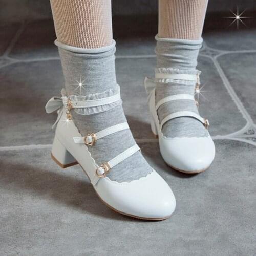 Lolita Shoes Girl Pumps Leather High Heels Solid Bowtie Maid Cosplay Shoes Sweet Women Mary Janes Party Shoes Size 28-43 H169