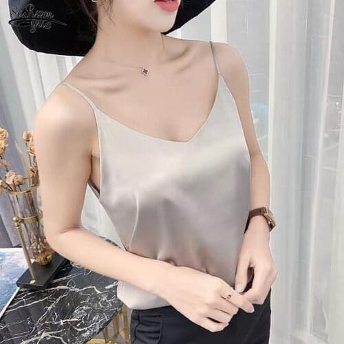 Plus Size Elegant Women White Satin Tops Woman Korean Silk Top V-neck Tank Tops Sleeveless Black Tees Cami Sexy Halter Top 13694