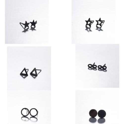 Punk Black Triangle Round Star Square Shaped Mini Earrings Jewelry for Men Women Stainless Steel Geometric Circle Stud Earrings