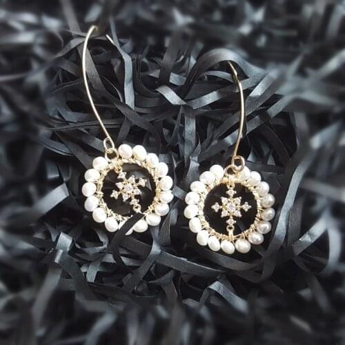 Lily Jewelry Geniune Freshwater Pearl Zircon Snowflake Earrings 925 Sterling Silver Hook Long Drop Earrings For Women