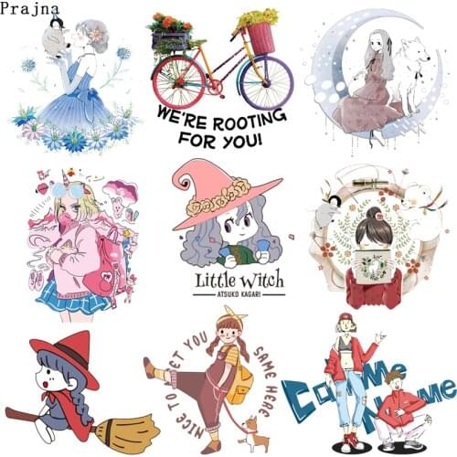 Prajna Fashion Girl Iron-on Transfers Vynil Heat Transfer Ironing Cartoon Stickers T-shirt Thermal Patches For Clothing Decor