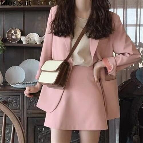 2020 Autumn Korean Office Two Piece Suit Sets Women Long Sleeve Blazer + High Waist Mini Skirt Suits Solid Workwear Fashion Sets