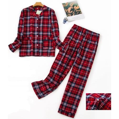 Women Pajama Set 100% Cotton Nightshirt Plaid Pyjama Set Long Sleeve Sleepwear Women Top Long Pant Nightwear Loungewear
