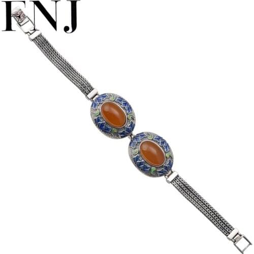 FNJ 18.5cm Yellow Chalcedony Bracelet 925 Silver Vintage Original Pure S925 Silver Bracelets for Women Fine Jewelry MARCASITE