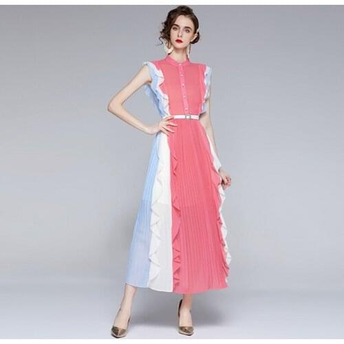 2021 Summer Runway Ruffles Contrast Color Chiffon Maxi Chiffon Women Sleeveless Elegant Patchwork Beach Dresses With Belt
