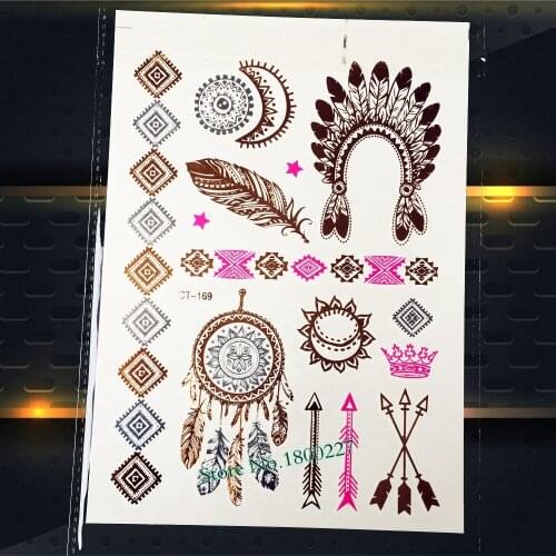 1PC Flash Waterproof Temporary Tattoo Sticker / Dreamcatcher Flash Gold Tattoo / Queen Crown Arrows Feather Design Tatoo PCT-169