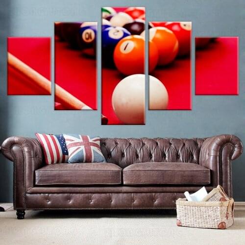 Large Canvas Wall Art 5 Pieces Table Billiard Pool Balls Picture Print On Red Background Snooker Entertainment Game Poster