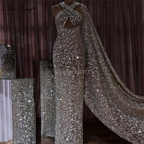 Silver Islamic Dubai Kaftan Saudi Arabic Evening Dresses Backless Mermaid Evening Gowns Shiny Fabric Long Prom Dress 2019 Newest