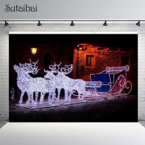 Merry Christmas Photography Backdrop Garland Reindeer Sleigh Street Rural House Night Scene Photo Background Photocall Props