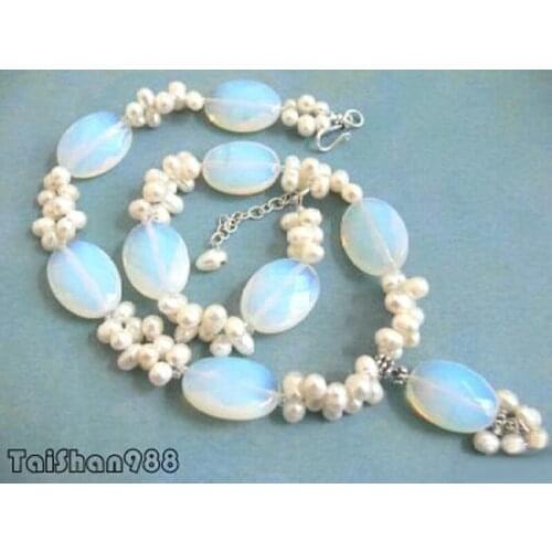 Hot sale Blue Fire Opal Genuine White Pearl 18KWGP Clasp Pendant Necklace