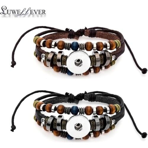 Hot Adjustable 027 Interchangeable Really Leather Beads Bracelet 12mm 18mm Snap Button Bangle Charm Jewelry For Women Gift