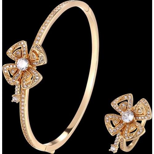 Zlxgirl bridal jewelry brand Simple four leaf flower bangle and ring jewelry set with micro zircon inlaid party bracelet ring
