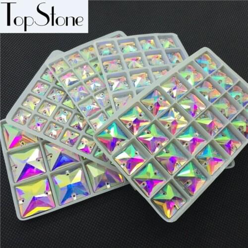 TopStone Square Sew On Stone Crystal Clear AB Color 10,12,14,16,22mm Sewing Glass Beads Flatback 2 holes For Dress Making