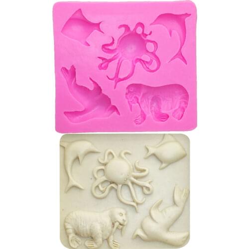 M0729 Sea Animals Dolphin Octopus Sea Lion Walrus Fondant Chocolate Mould Silicone Mold for Cake