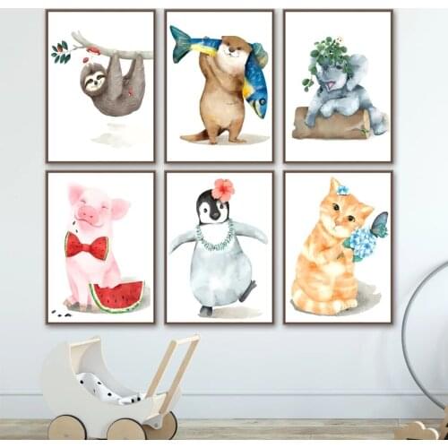 Cute Animal Canvas Painting Sloth Wallpaper Pig Eating Watermelon Art Wallpaper Poster Craft Picture Print Home Bedroom Decor