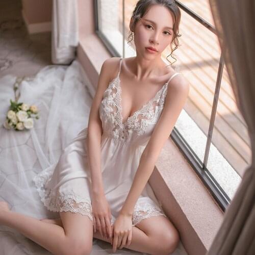 Women Sexy Lingerie Nighgowns Sleeping Dress Lace Satin Sleepwear Deep V Nightdress Homewear Backless Nightwear Night Dress