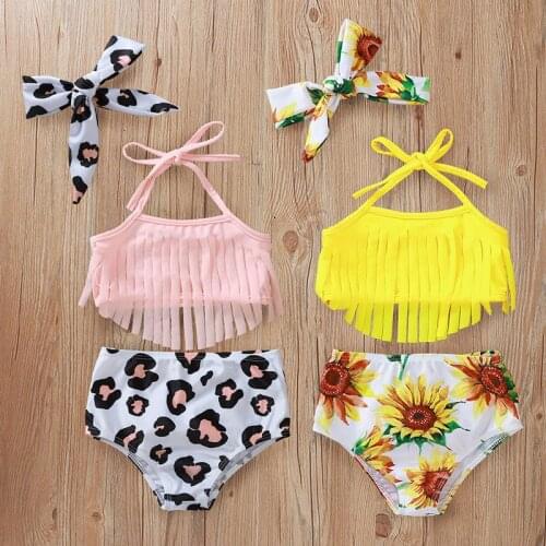 2021 New Fashion Childrens Female Leopard Print Sunflower Print Sling Swimsuit Suit