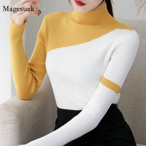 Autumn 2021 Semi-high Collar Knit Sweaters Patchwork Bottoming Shirts Slim Winter Clothes Women Turtleneck Women Tops 6998 50