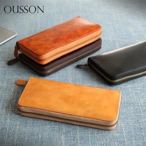 OUSSON Genuine Leather Mens Business Wallet Male Zipper Business Clutch Bag Fashion Card Holder Large Purse