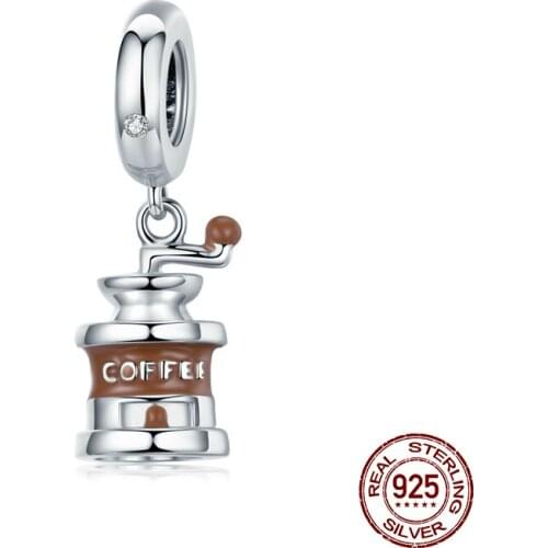 925 sterling silver enamel coffee grinder necklace pendant fit Pandora bracelet charm necklace making fashion jewelry beads DIY