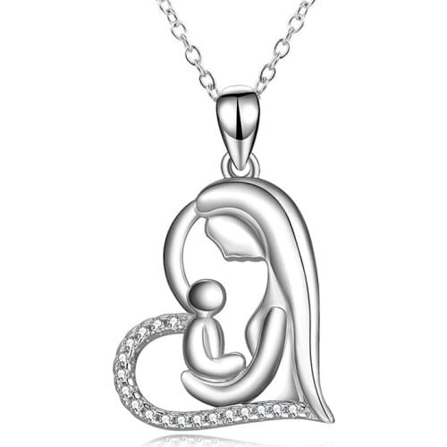 Love Heart Mon & Baby CZ Stone Crystal Zirconia Pendant Necklace Silver Color Chain Choker Necklaces Mothers Day Gift for Women