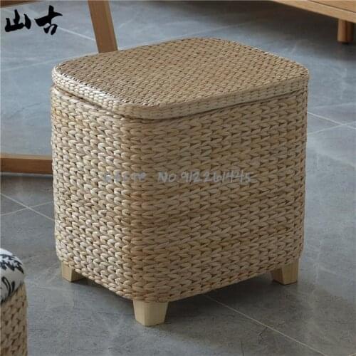Rattan woven storage stool storage stool can sit at the door to change shoes stool household small low shoe stool solid wood sof