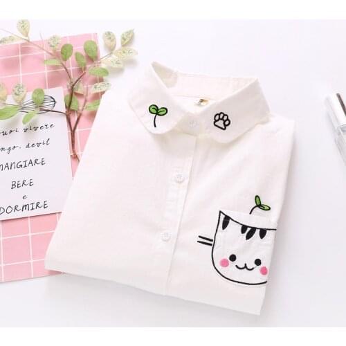 Spring New Women Clothes Cat Embroidery Cartoon Blouse and Tops Turn Down Collar Kawaii Casual Tops Cotton Shirt out Tops