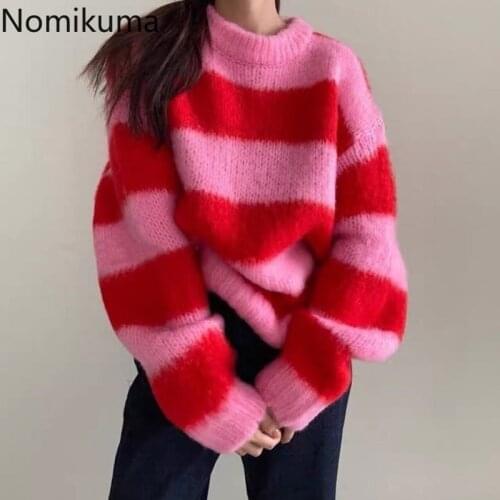 Nomikuma Candy Color Knitted Striped Sweater Women O Neck Long Sleeve Korean Sweet Pullover Jumpers Female Sueter Mujer 3d644