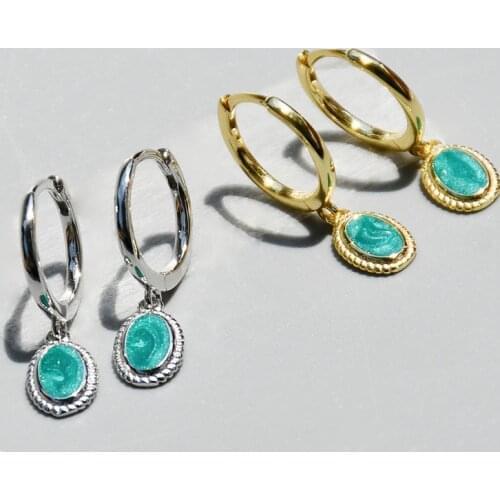925 Sterling Silver Green Stone Oval Hoop Earrings Vintage Female Earrings Wholesale