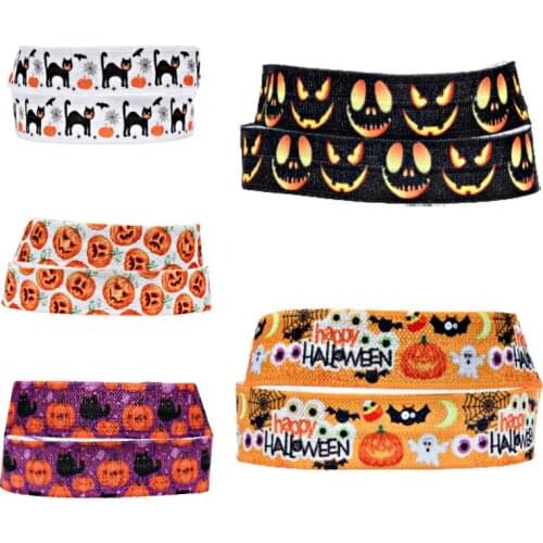50 yards/lot) Hot sale black cat and pumpkin printed 15mm fold over elastic foe